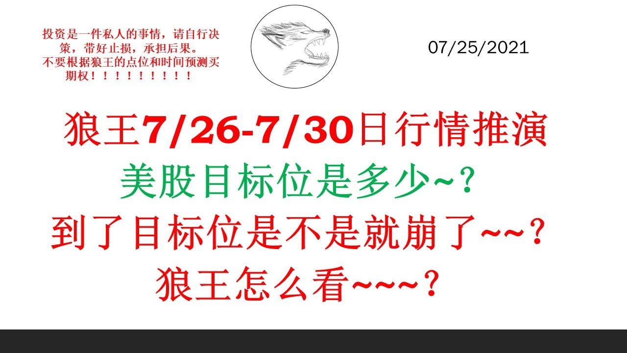 狼王7/26-7/30日行情推演 美股目标位是多少~？到了目标位是不是就崩了~~？狼王怎么看~~~？UVXY SPXU SQQQ DJI SPY SPX IWM TNA BA