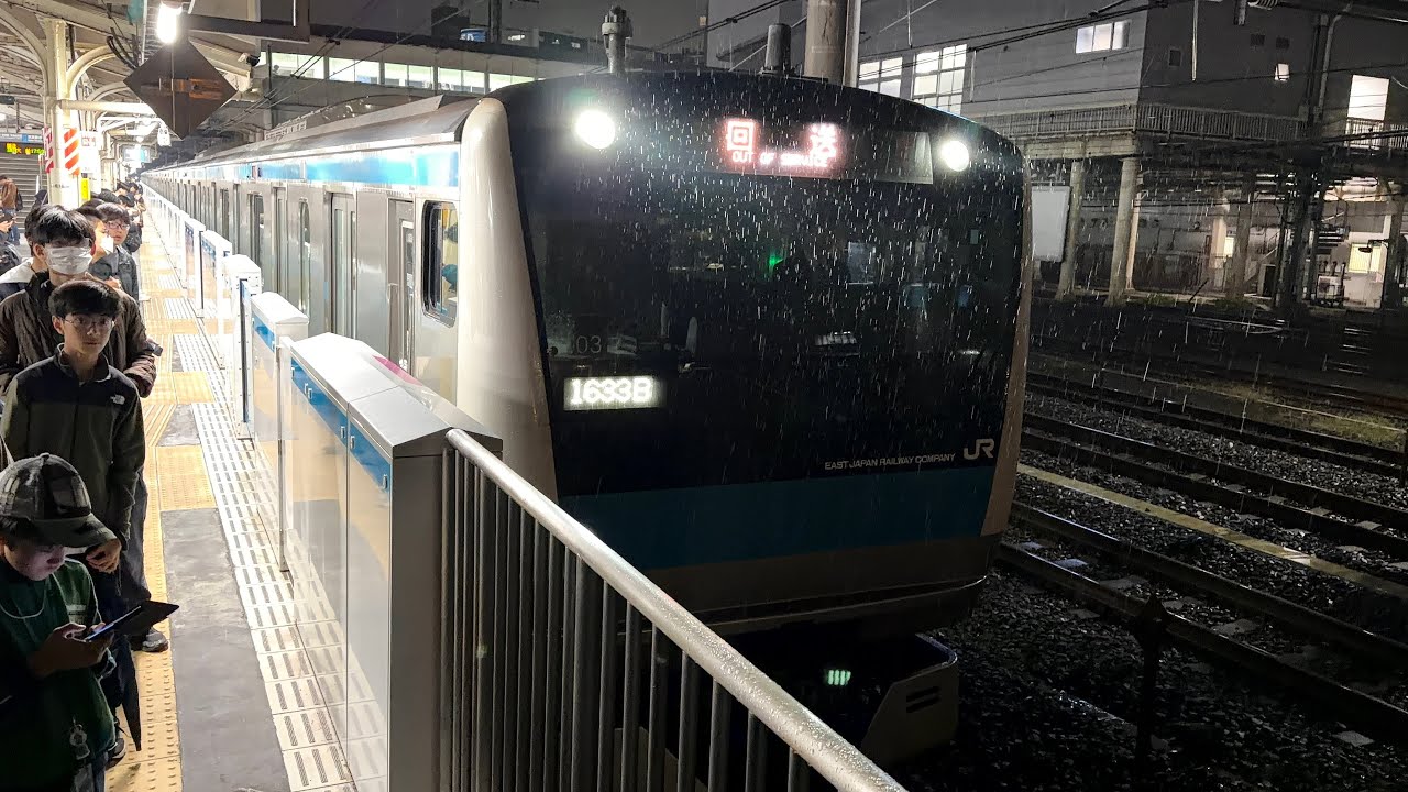 【4K高画質】【当編成の引退迫る…】E233系1000番台ｻｲ103編成が回送電車として警笛を鳴らして鶴見駅2番線を発車するシーン（回1633B）2025.11.9.17:55
