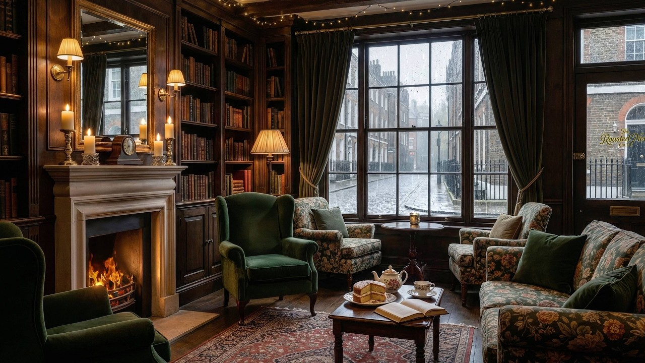 Rainy London Jazz Café ☕ Fireplace Ambience & Soft Rain Sounds | Cozy Jazz Study & Relaxation