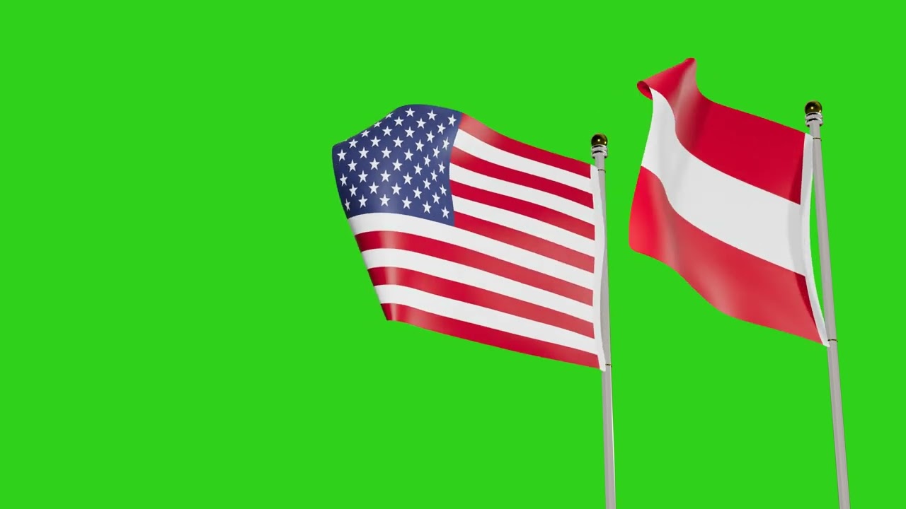 United States and Austria Flags Waving Animation Together on Green Screen