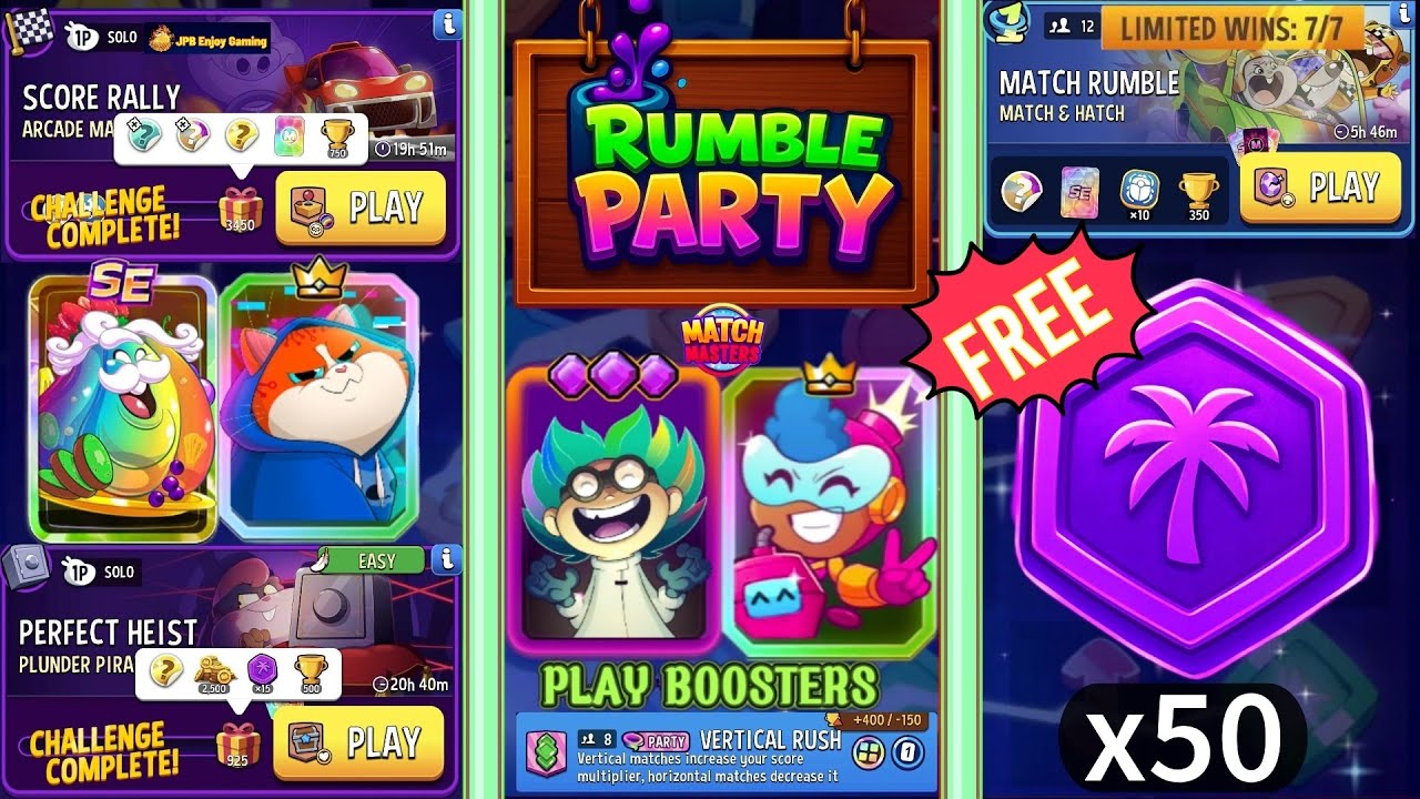 FREE 50 Tokens/(PARTY+2 SOLO+1 MATCH RUMBLE) Arcade Man Skulls Joo/ Plunder Pirates+Vinnie Heart ❤️