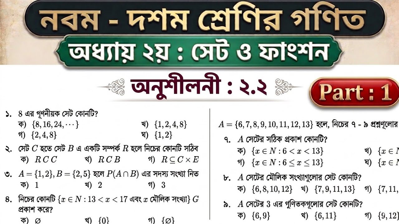 Part 1 | No 1-9 | Class 9 math chapter 2.2 2026 | Ssc math 2.2 | নবম দশম শ্রেণির গণিত অনুশীলনী ২.২ |