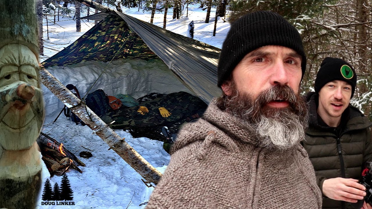 Winter Bushcraft Camp -Snow Trench and Tarp Shelter, Goat Roast, Woodcarving