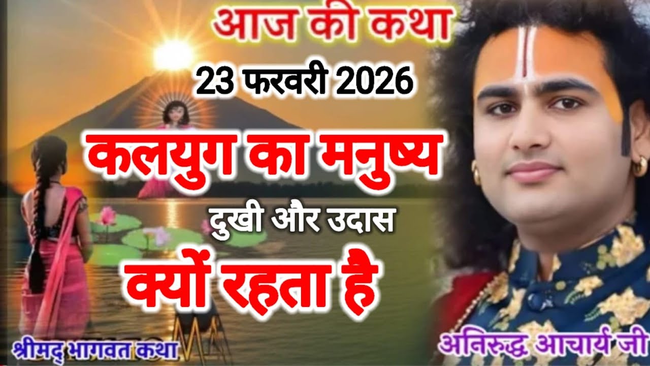 आज की कथा 23 फरवरी 2026 कलयुग का मनुष्य दुखी और उदास क्यों रहता है श्रीमद् भागवत कथा अनिरुद्ध आचार्य