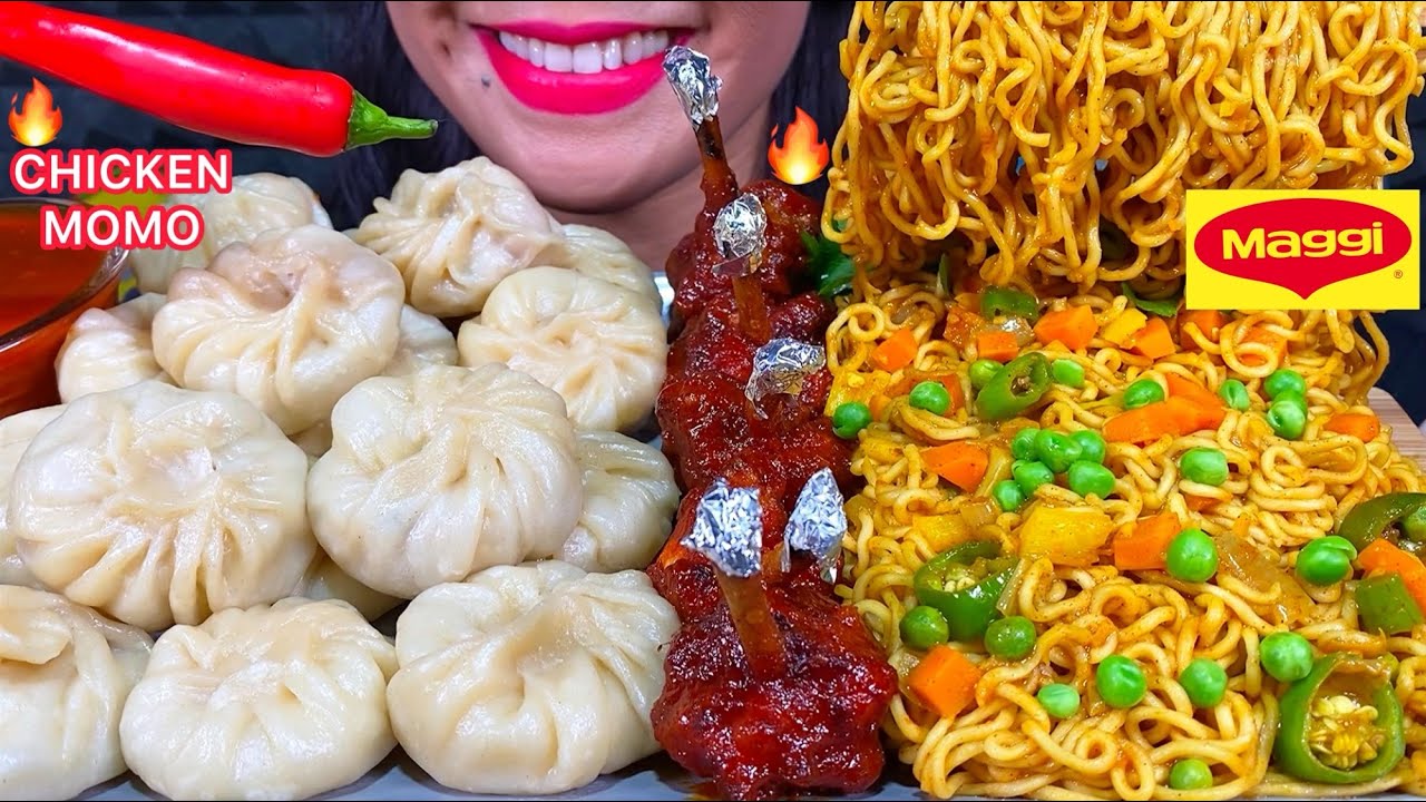 ASMR MAGGI MASALA NOODLES, SPICY CHICKEN LOLLIPOP, CHICKEN MOMO MUKBANG MASSIVE Eating Sounds