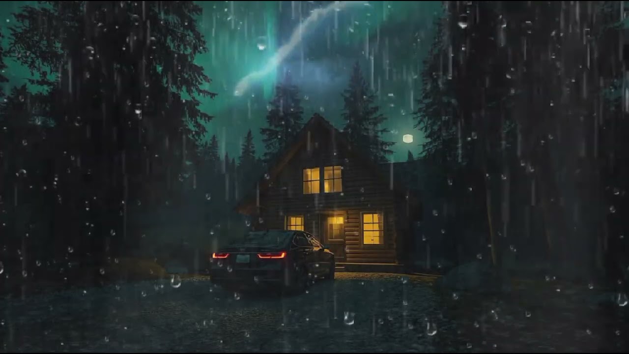 Heavy Rain Sounds to Stop Overthinking - car parked in front of cabin house staying tonight