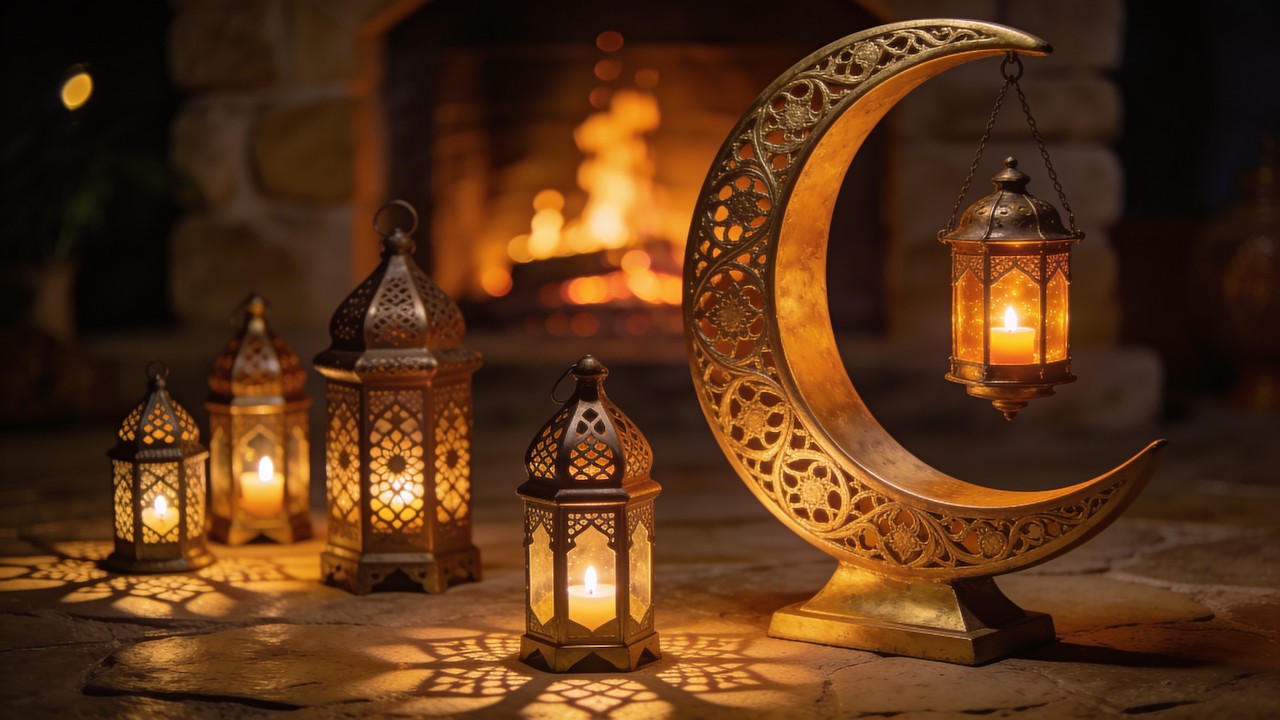 Ramadan Kareem 2026 🌙 Luxury Islamic Fireplace Ambience | 4K Elegant TV Art Background