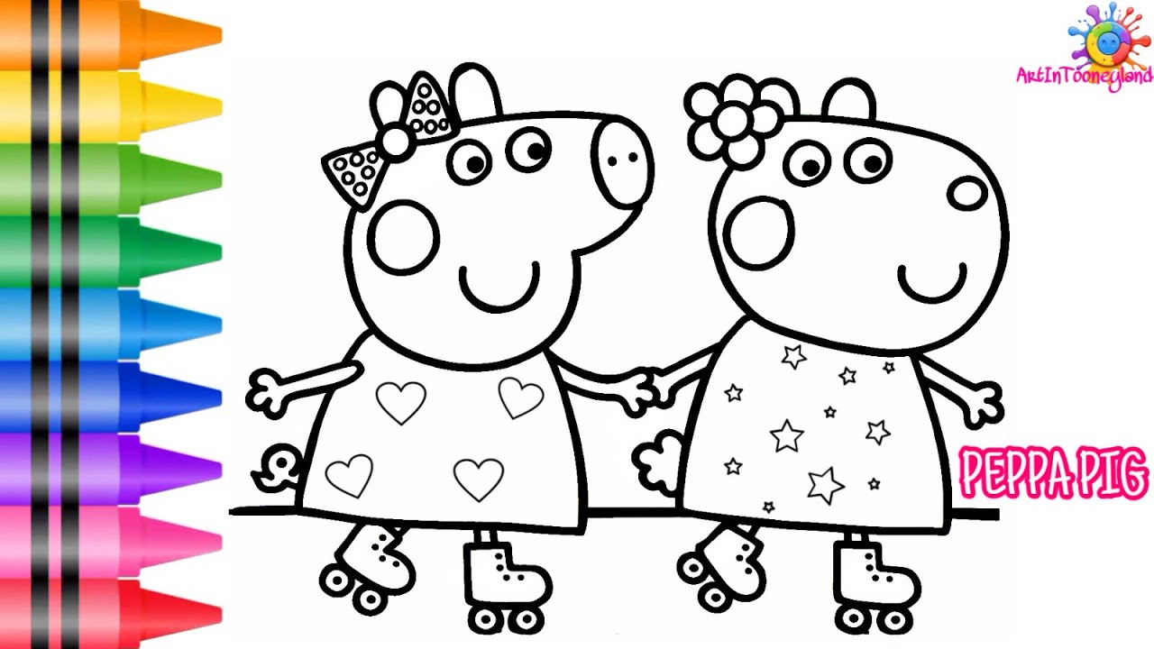 Draw and Color Peppa Pig And Suzy Sheep Skating 🐷🛼🐑🌈 Drawings For Kids