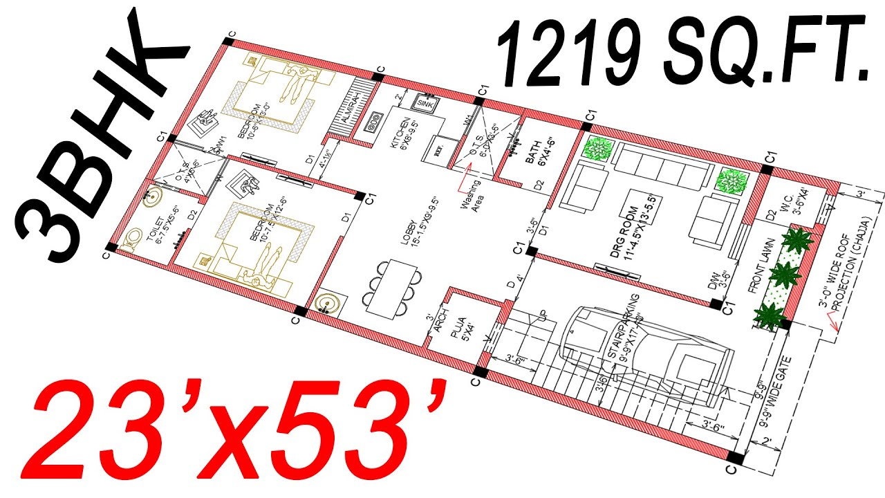 23x53 House Plan | 1219 Sqft | West Facing House Plans | 135 Gaj | 23 by 53 ka Naksha | 3BHK+Parking