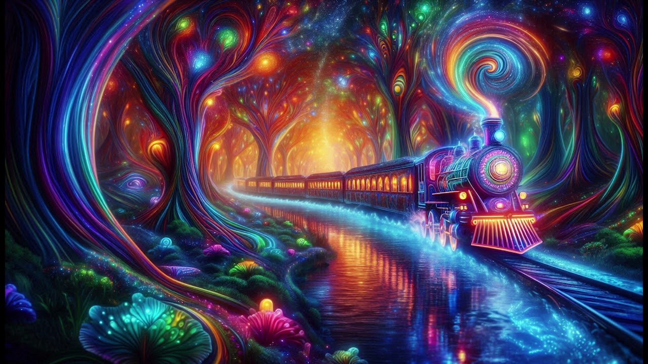 Psychedelic Rainbow  Train in a Colorful Forest Wallpaper / Background