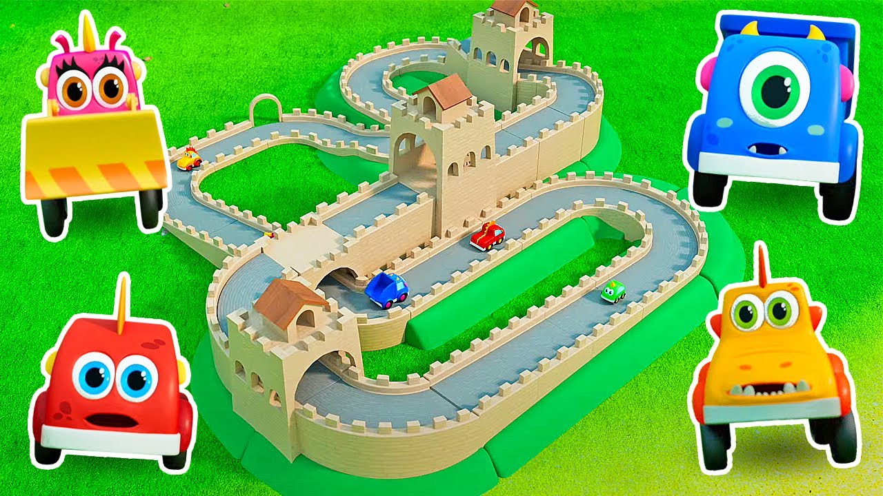 Mocas the little monster cars have a race and play with the toy train. Funny cartoons for kids.