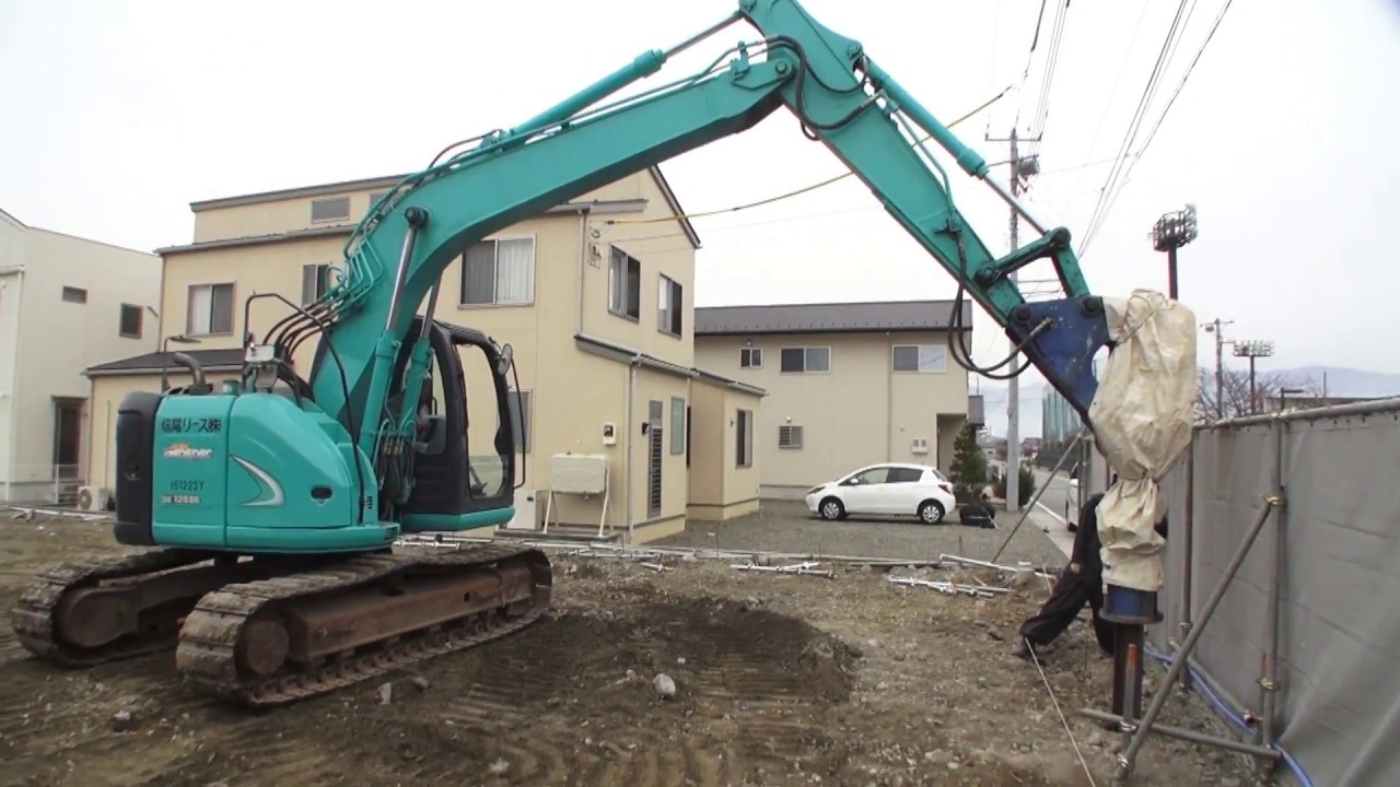 【H鋼横矢板工事】H鋼親杭打設状況！0.45ブレーカー重機（境界から300ｍｍ以内打設可能）