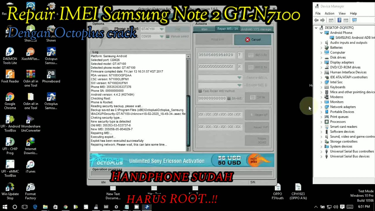 Repair IMEI Samsung Note 2 GT-N7100 Dengan octoplus Crack 100% Done.
