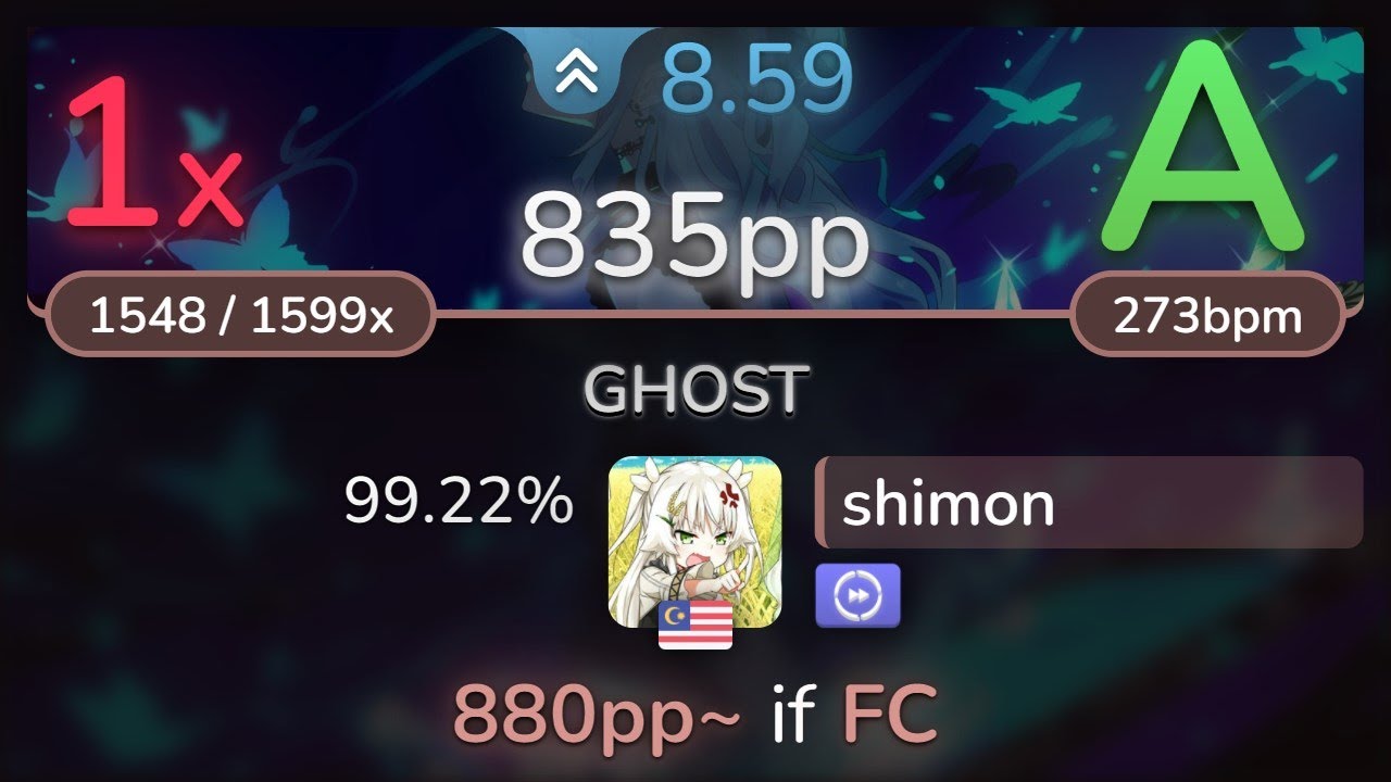 shimon | Hoshimachi Suisei - GHOST [Meg's Extra] +DT 99.22% (835pp 1❌) - osu!