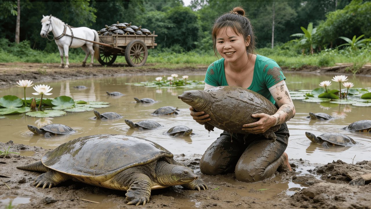 TIMELAPSE - Harvesting Turtles in Water Hyacinth Lagoon | Market Sale & How to Raise Baby Turtles