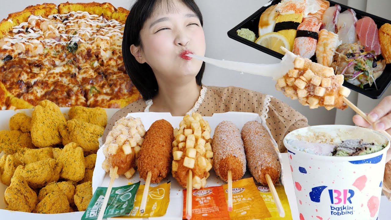 먹고 싶은 거 다 먹는 먹방 _ 어쩔 수 없었어요.....🙄 명랑핫도그,쉬림프골드피자,뿌링클치킨,초밥,배스킨라빈스, 칙촉 :D