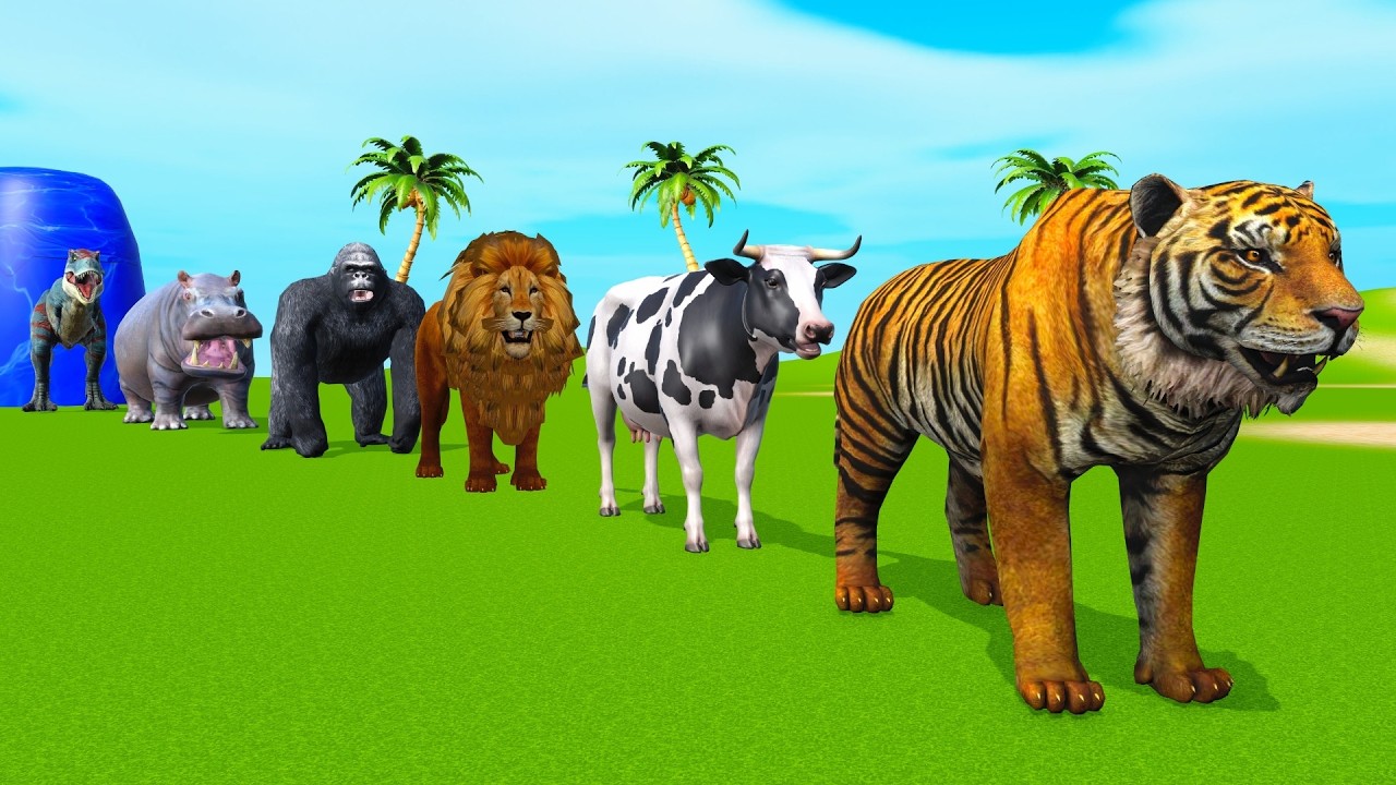 Long Slide Game with Cow Elephant Gorilla Hippopotamus Tiger 3d Animal Game Funny 3d Animals
