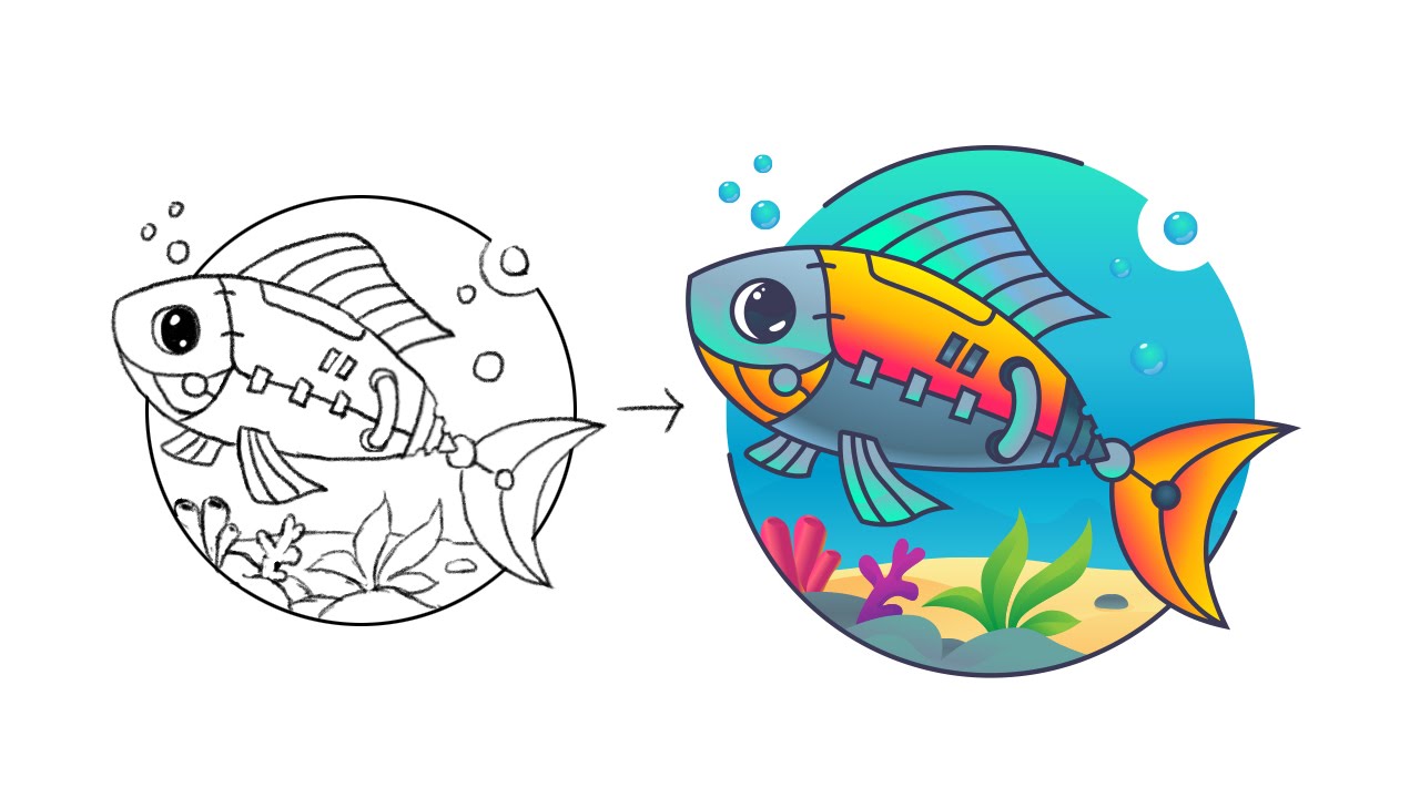 Logo Design Process Illustrator - Robotic Fish