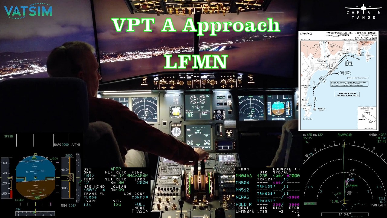 Визуальный заход на посадку ночью в Ницце (LFMN) | VPT A ВПП 04R | VATSIM ATC | Домашняя кабина A320