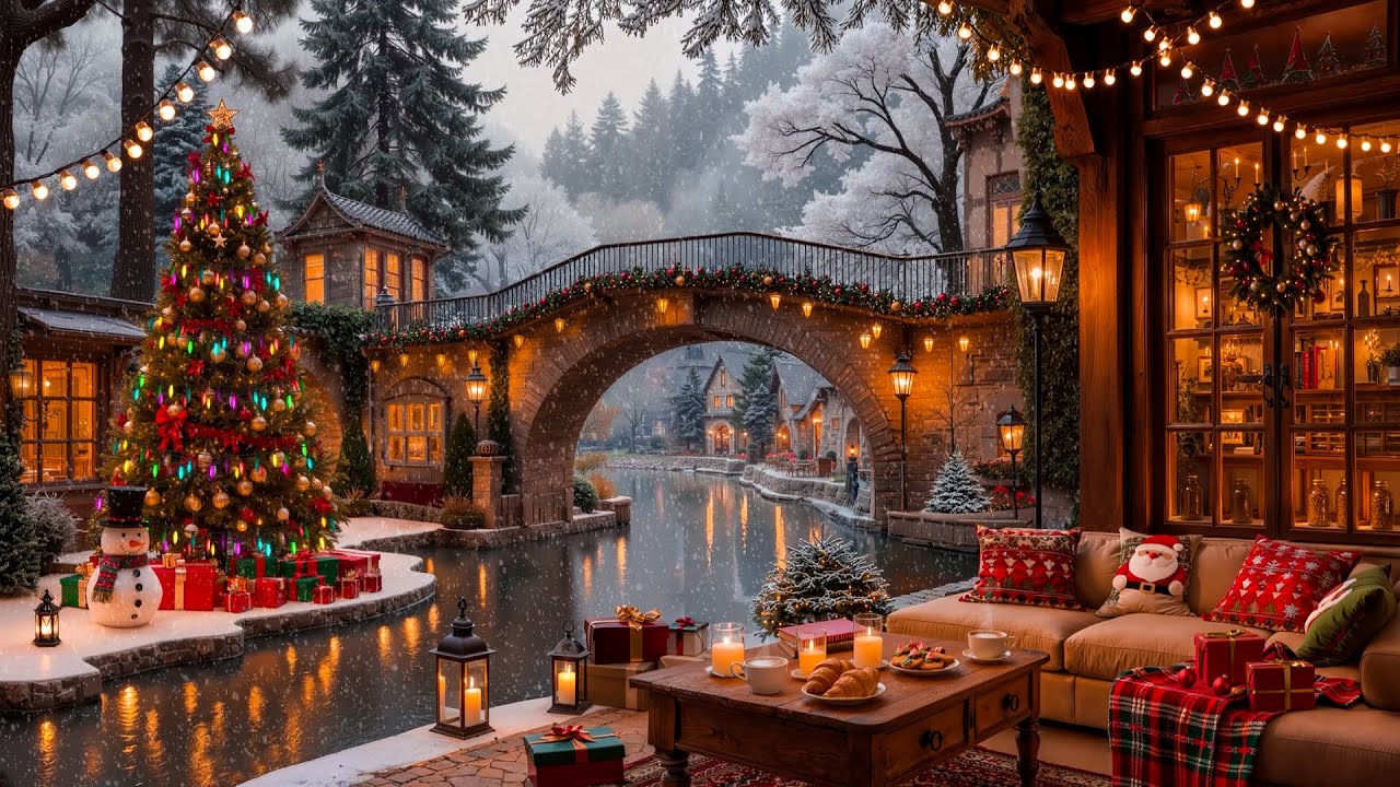 Peaceful Christmas Ambience 🎄 Cozy Porch Coffee Shop with Warm Christmas Jazz Music & Fireplace