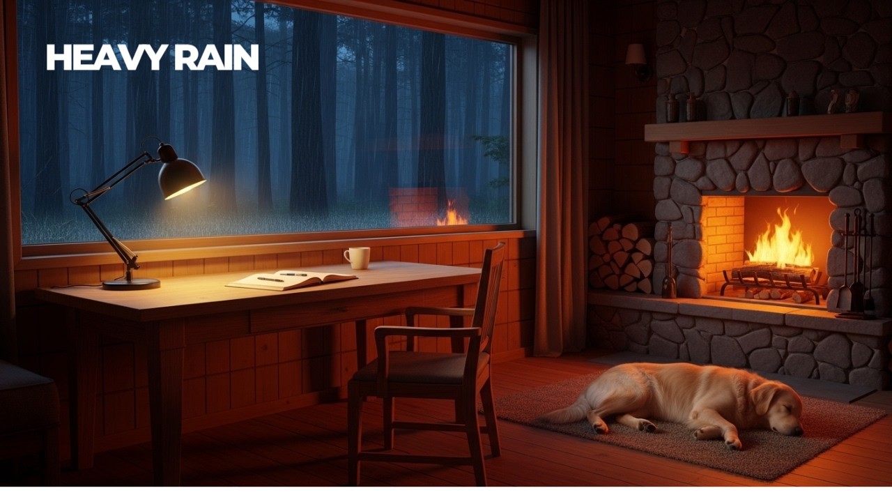Heavy Rain in a Cozy Cabin Study Room | Fireplace & Sleeping Dog (3 Hours)
