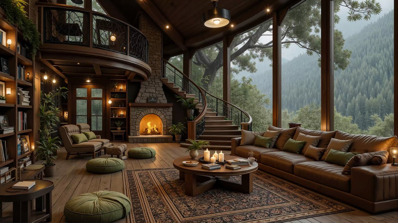 Cozy Living Room on Rainy Day Ambience - Smooth Jazz Piano Music & Relaxing Rain, Fireplace Sounds 🔥