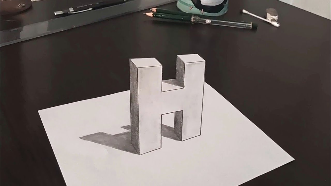How to draw a 3D letter H in an easy way /رسم حرف H ثلاثي الأبعاد