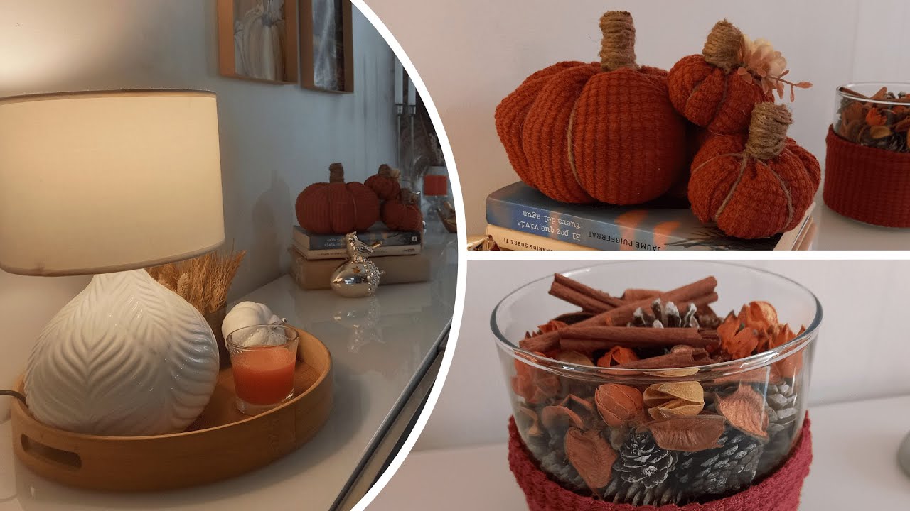 #Como decorar Aparador Credenza Elegante #Otoño/ #Calabazas de tela sin costura /Cuadros de #cartón