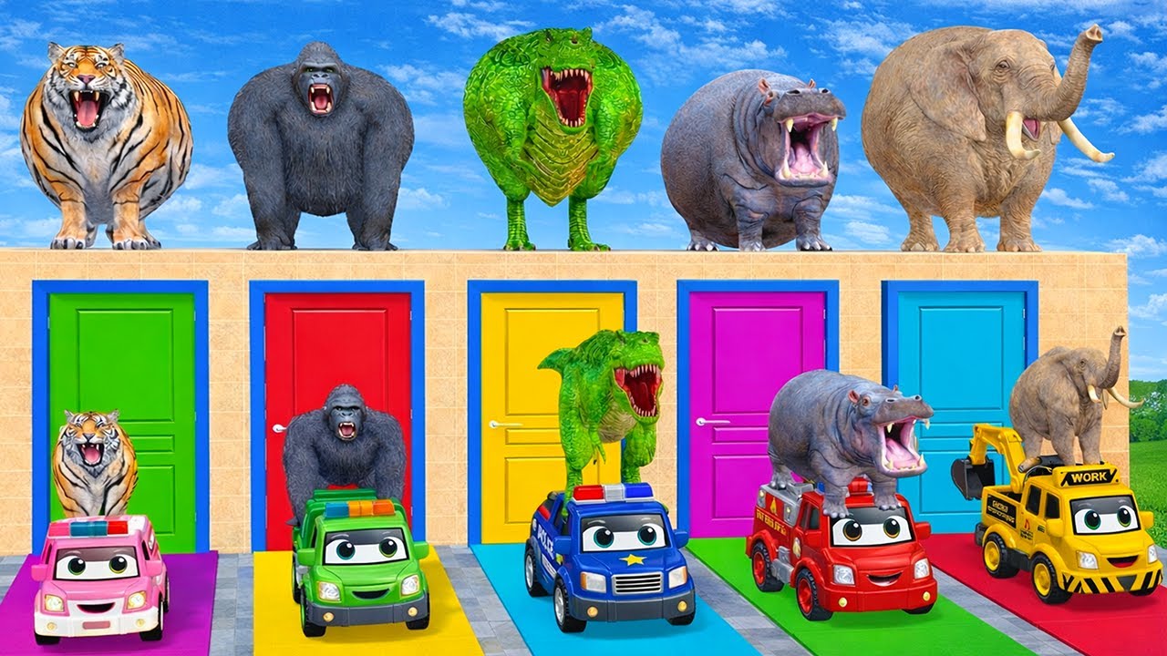 Long Slide Game With Cow Elephant Gorilla Hippopotamus Tiger - 3d Animal Game - Funny 3d Animals