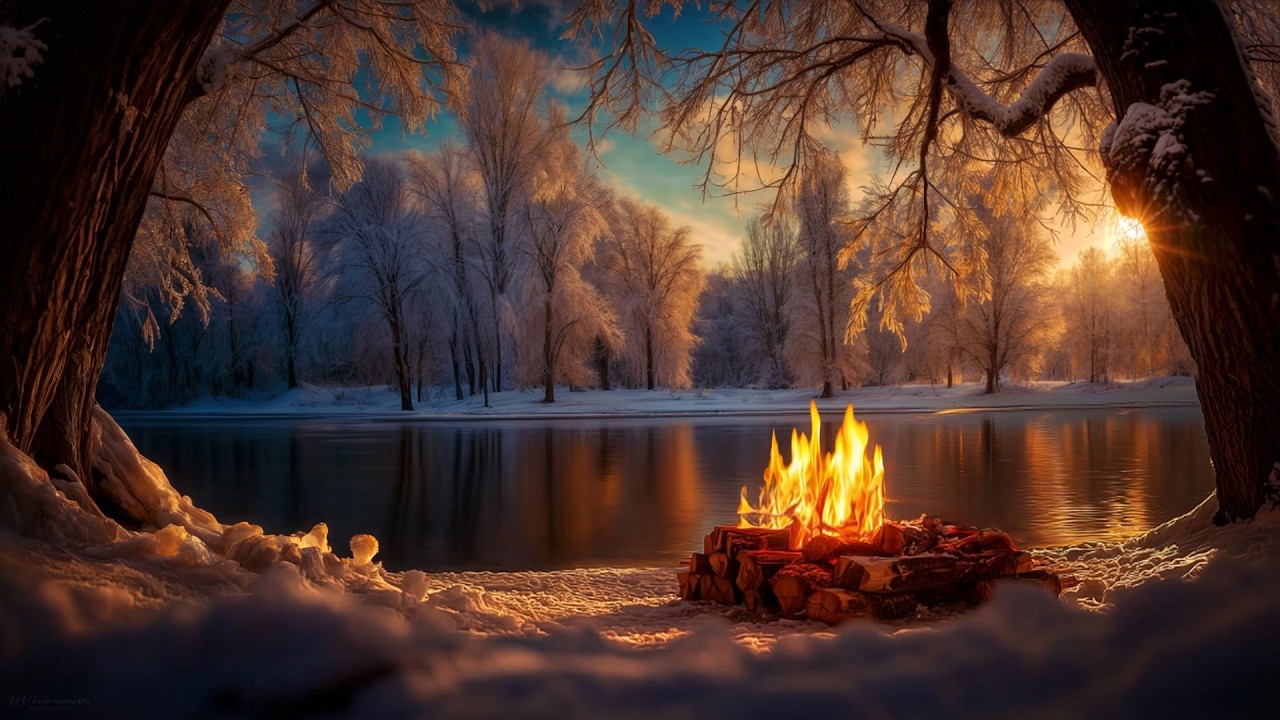 Fall Asleep Faster ❄️🌲 Winter Sunset Campfire beside a Silent Forest Lake