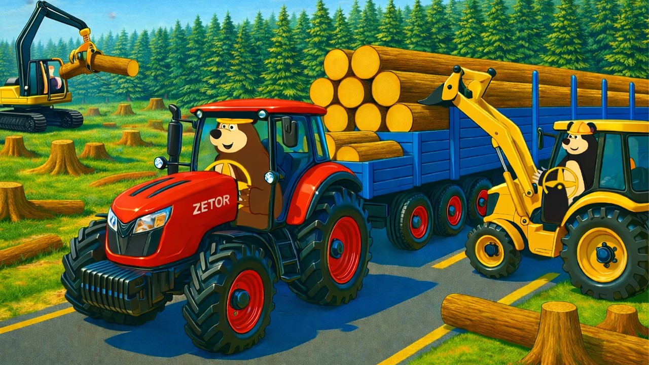 🚜Bear Workers Moving Giant Tree Logs 🐻🌲 | Farm Vehicles Animation