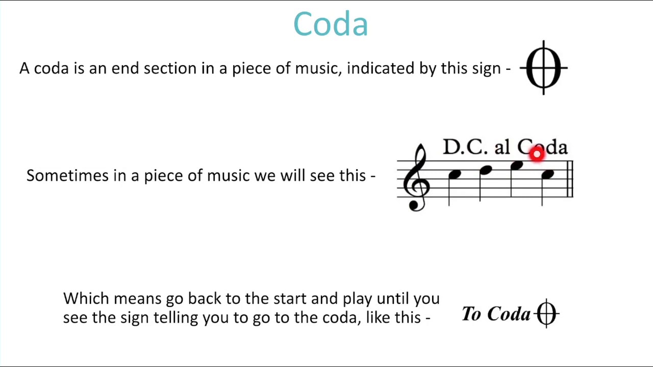 1st and 2nd time bars, da capo, dal segno, coda, fine