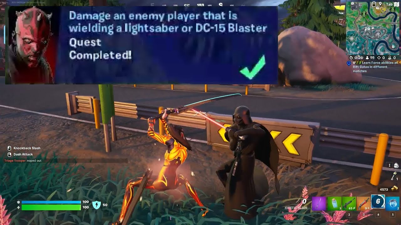 Damage an enemy player thatis wielding a lightsaber or DC-15 Blaster Fortnite