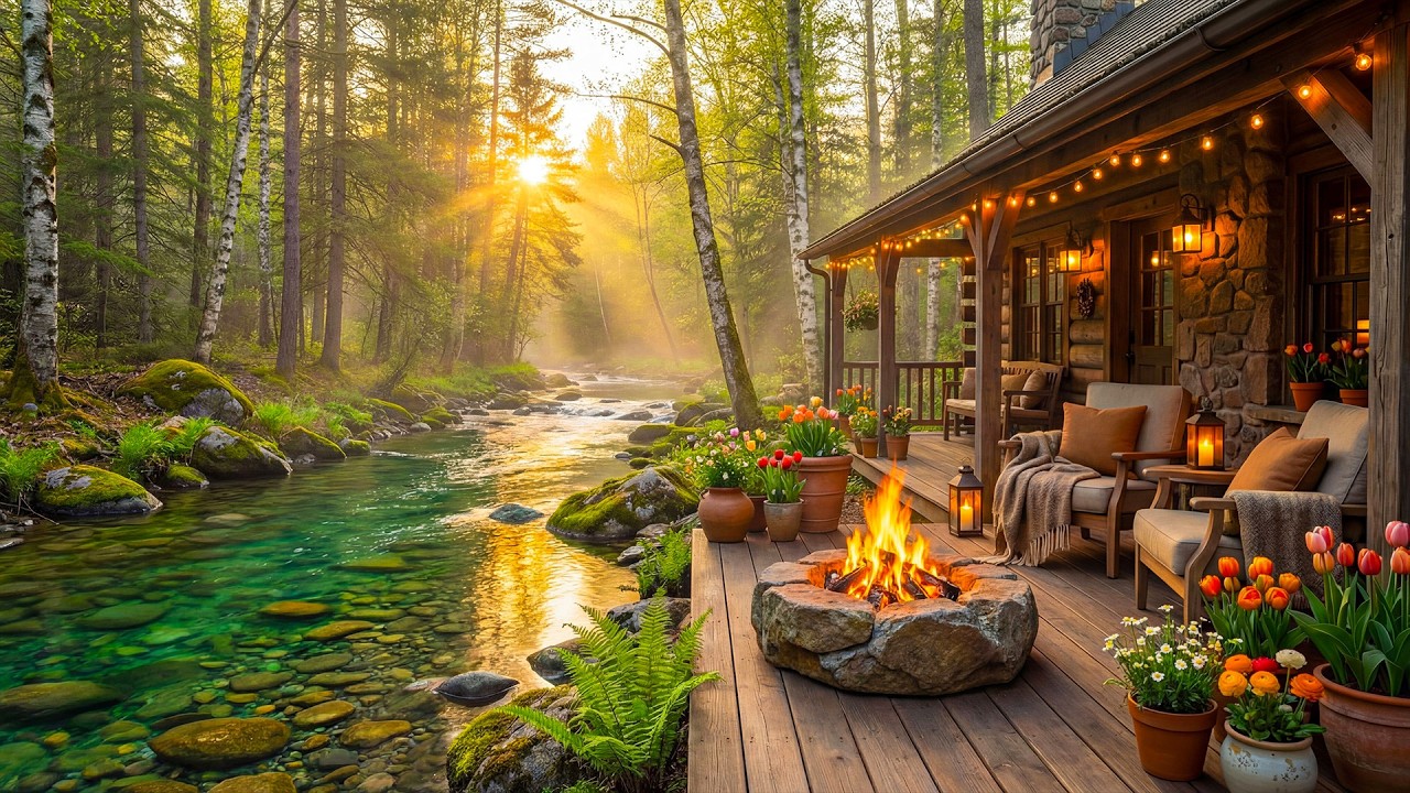 Soothing Spring Riverside Cabin Porch 🌸🔥 Relaxing Campfire, Calm Birdsong & Water Sounds for Study
