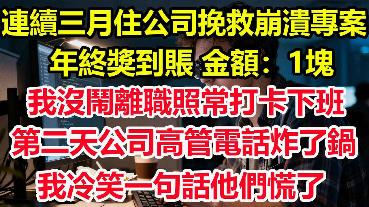 連續三月住公司挽救崩潰專案，年終獎到賬，金額：1塊。我沒鬧離職照常打開卡下班，第二天公司高管電話炸了鍋，我冷笑一句話他們慌了#情感 #爽文 #職場 #生活 #總裁