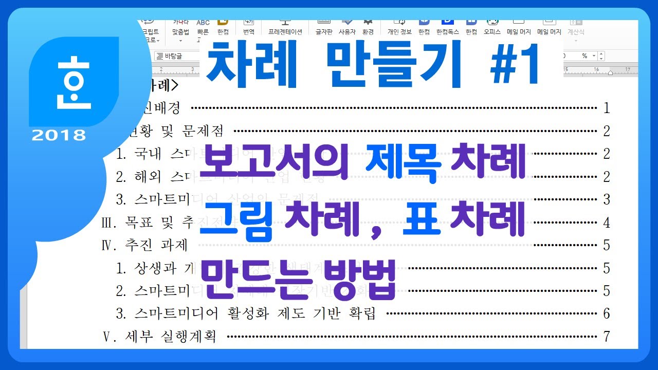 한글에서 차례 만들기, 목차 만들기 / 쪽 번호 매기기, 감추기, 새 번호로 시작, 제목 차례 표시, 그림 차례, 표 차례, 차례 코드 모으기, 조판 부호