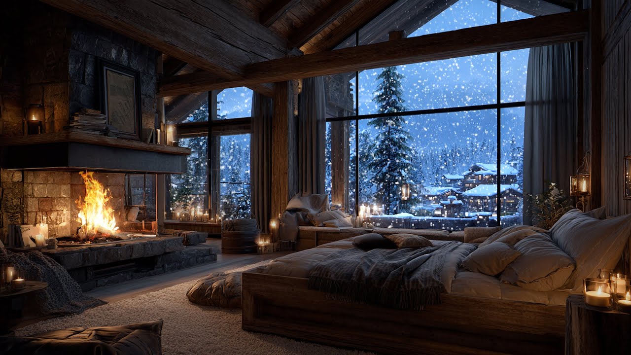 Quiet Winter Cabin Evening | Soft Snowfall and Warm Fireplace Sounds for Deep Relaxation