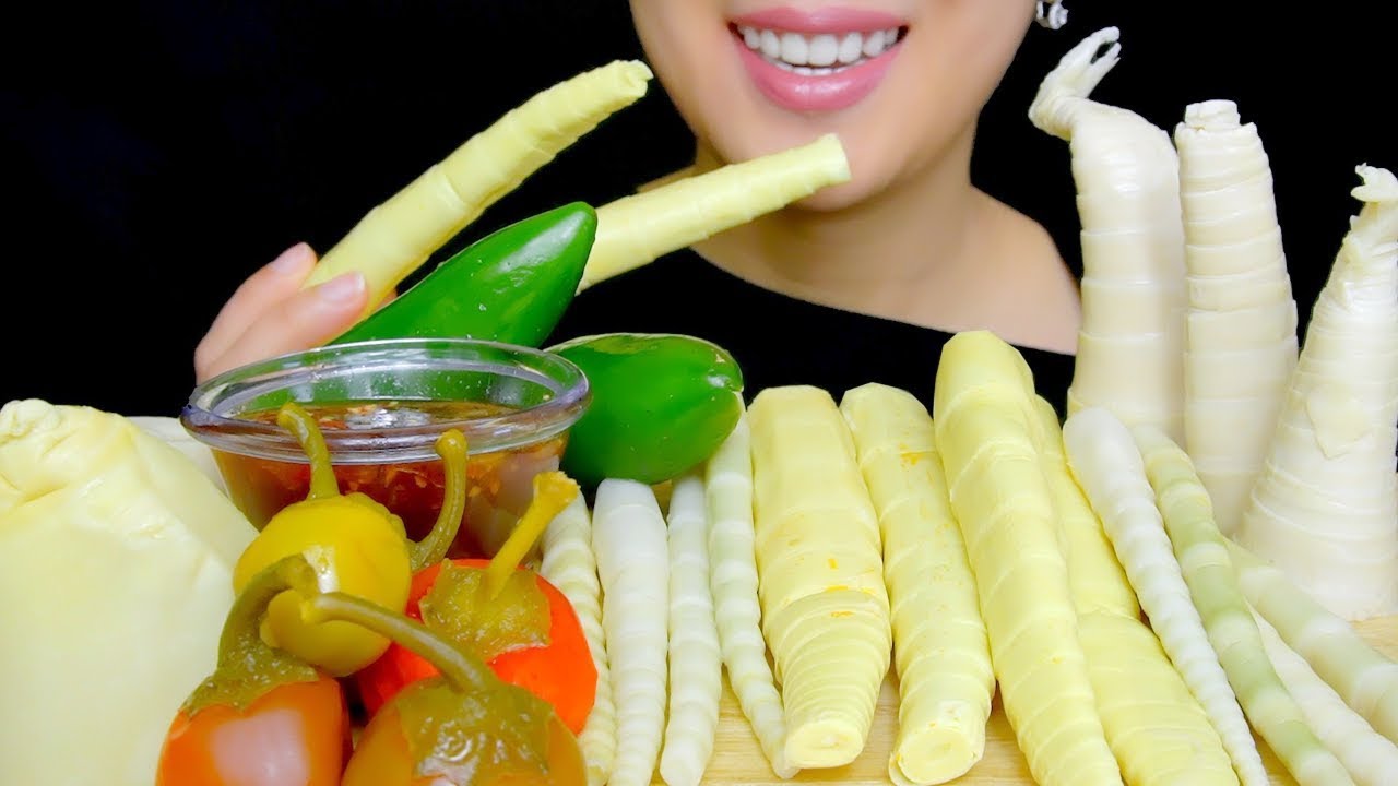 ASMR BAMBOO SHOOTS + JALAPENO PEPPERS | CRUNCHY EATING SOUNDS | TracyN ASMR