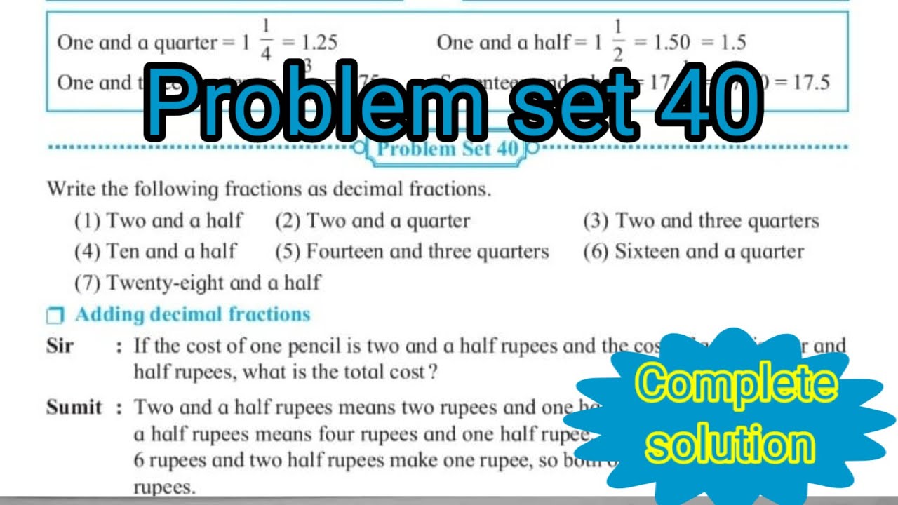 Problem set 40 class 5th maths | Decimal Fractions problem set 40 complete solution