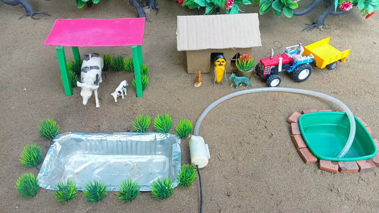 DIY making Cow Farm with mini House for Cow, chicken | cowshed - woodworking | water pump diy #58