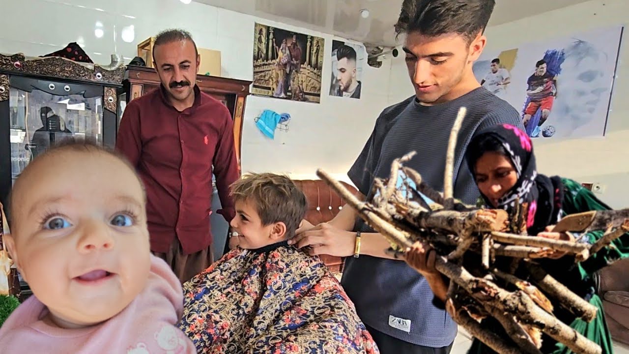 The harsh nomadic life of collecting firewood in the heart of nature and cutting children's hair ✂️🌿