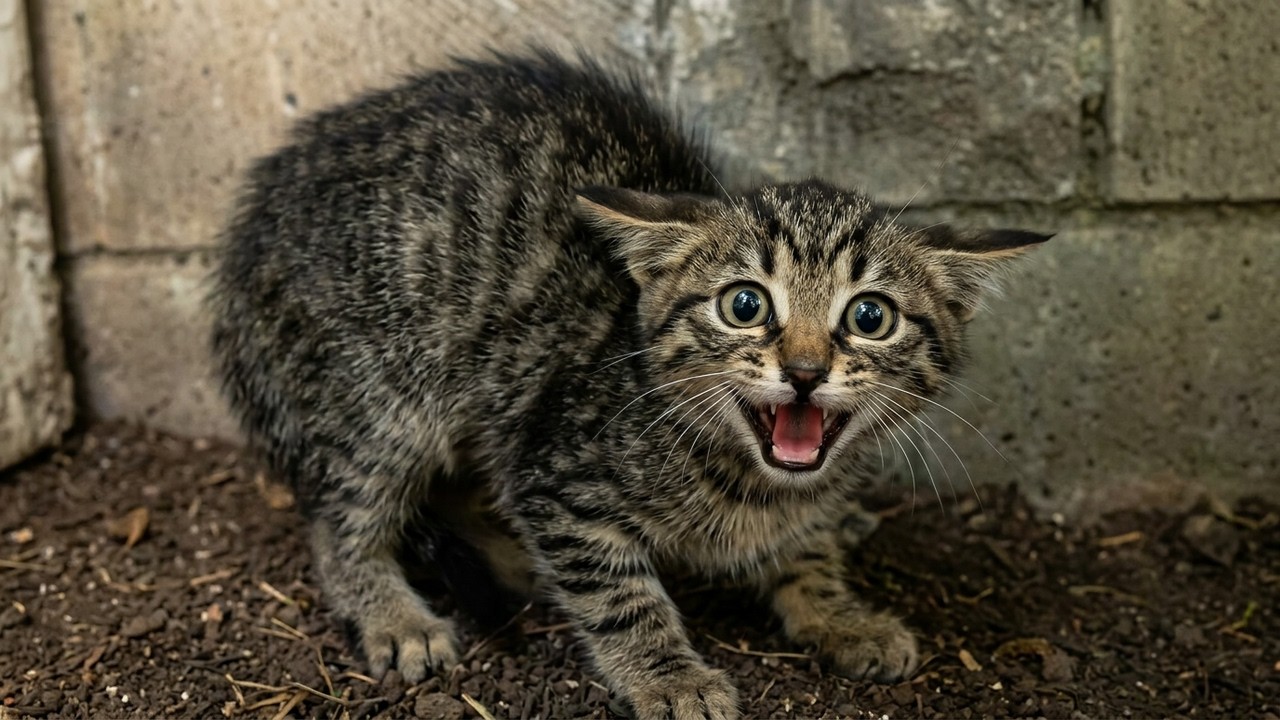 Испуганный дикий котенок впервые доверился человеку.