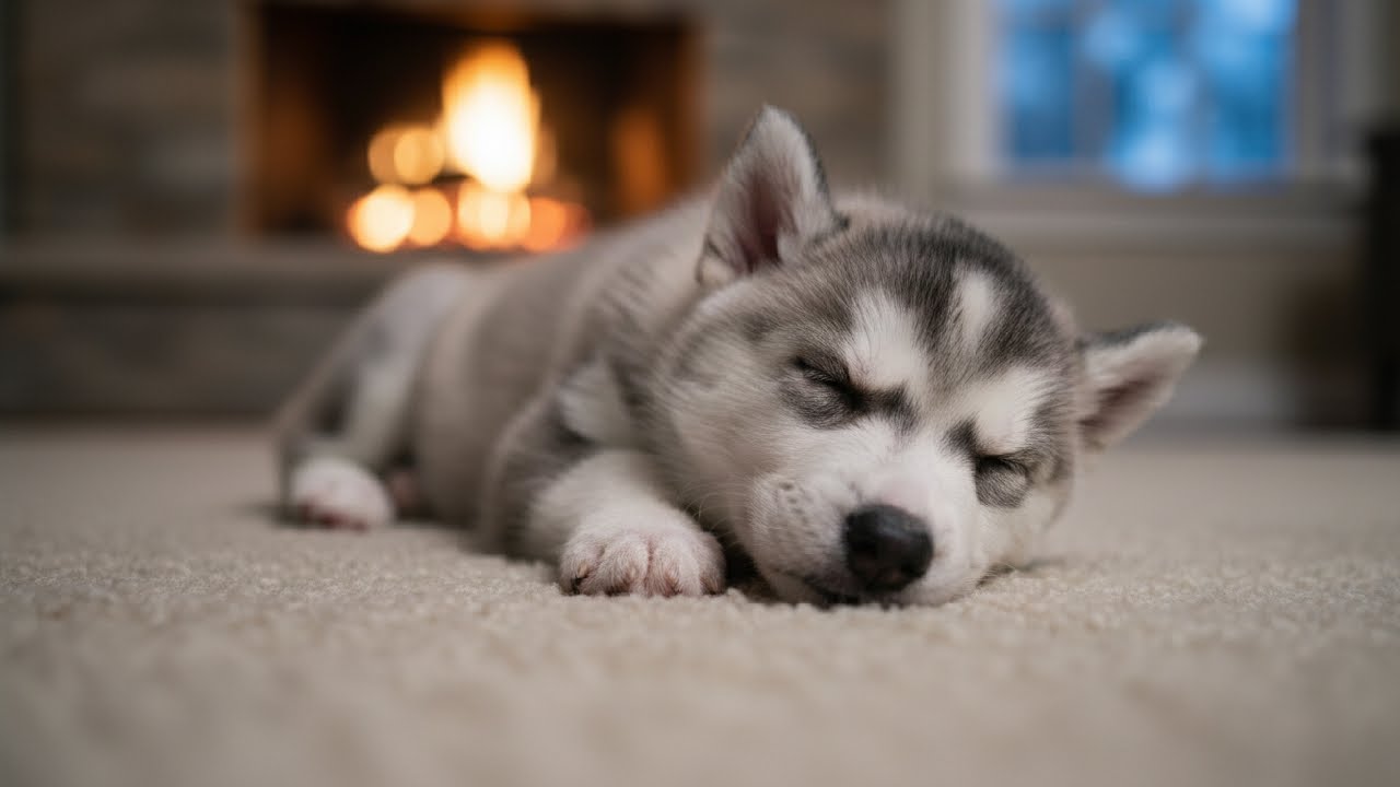 🔴 LIVE: Sleeping Puppy Fireplace 24/7 🐺🔥 Scout's Cozy Cabin with Snowfall & Fire Sounds for Dogs