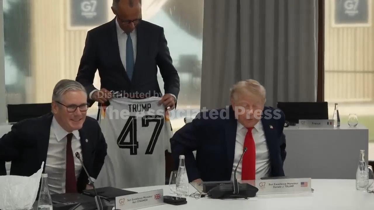 Germany's chancellor gives US president a soccer jersey with Trump&rsquo;s name and 47 on the back