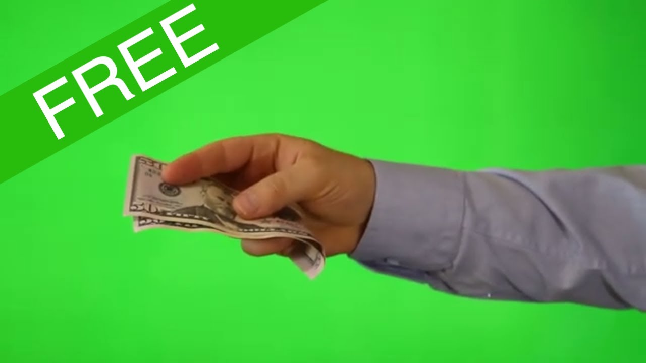 two takes of hand giving away money over green screen