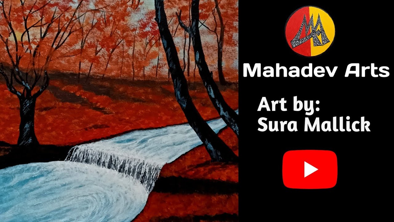 Autumn Forest With A Reservoir || Acrylic Colour Painting For Beginners/Learners||
