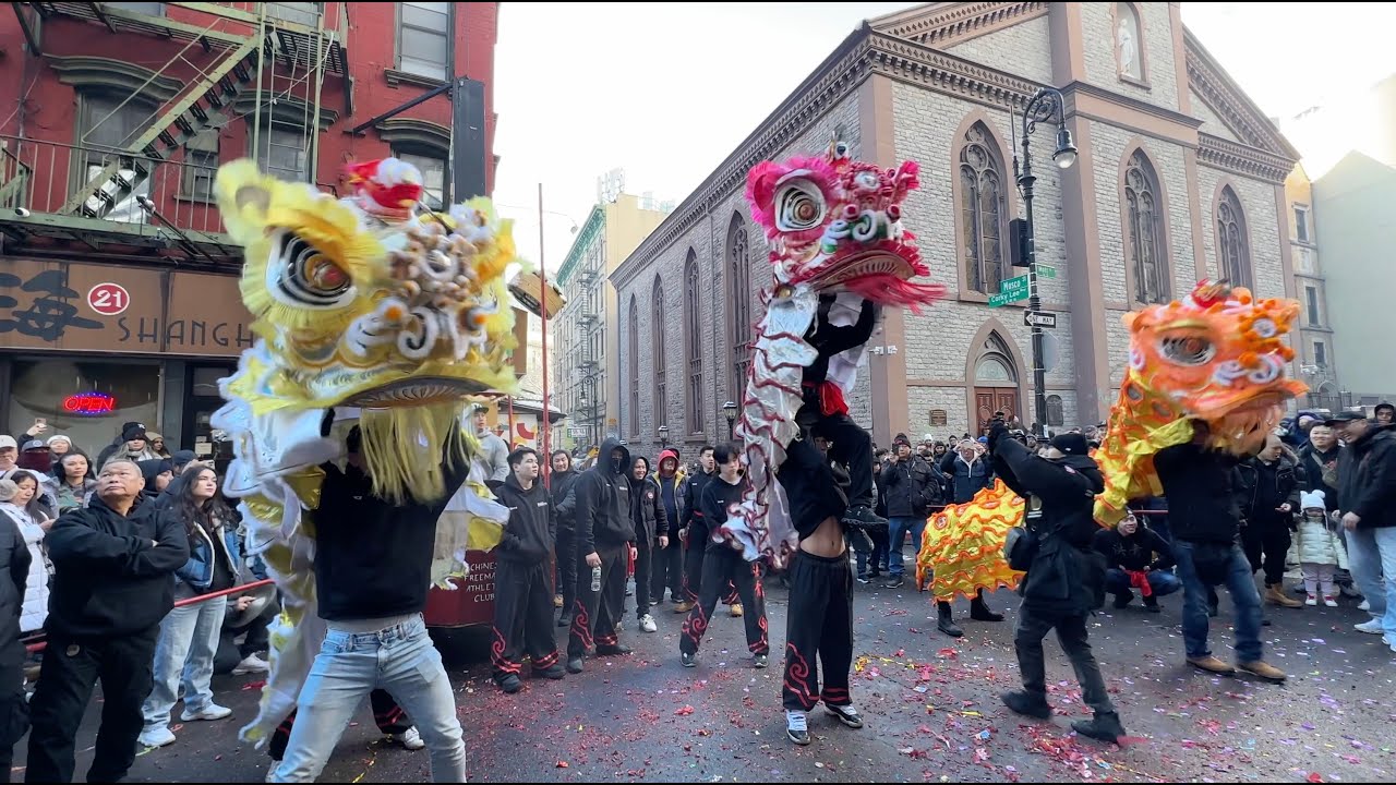 New York Chinese Freemasons 洪青- Lion Dance Choy Chang with Firecrackers and Kung Fu 2024 CNY 🦁🥬🐉🧨💥