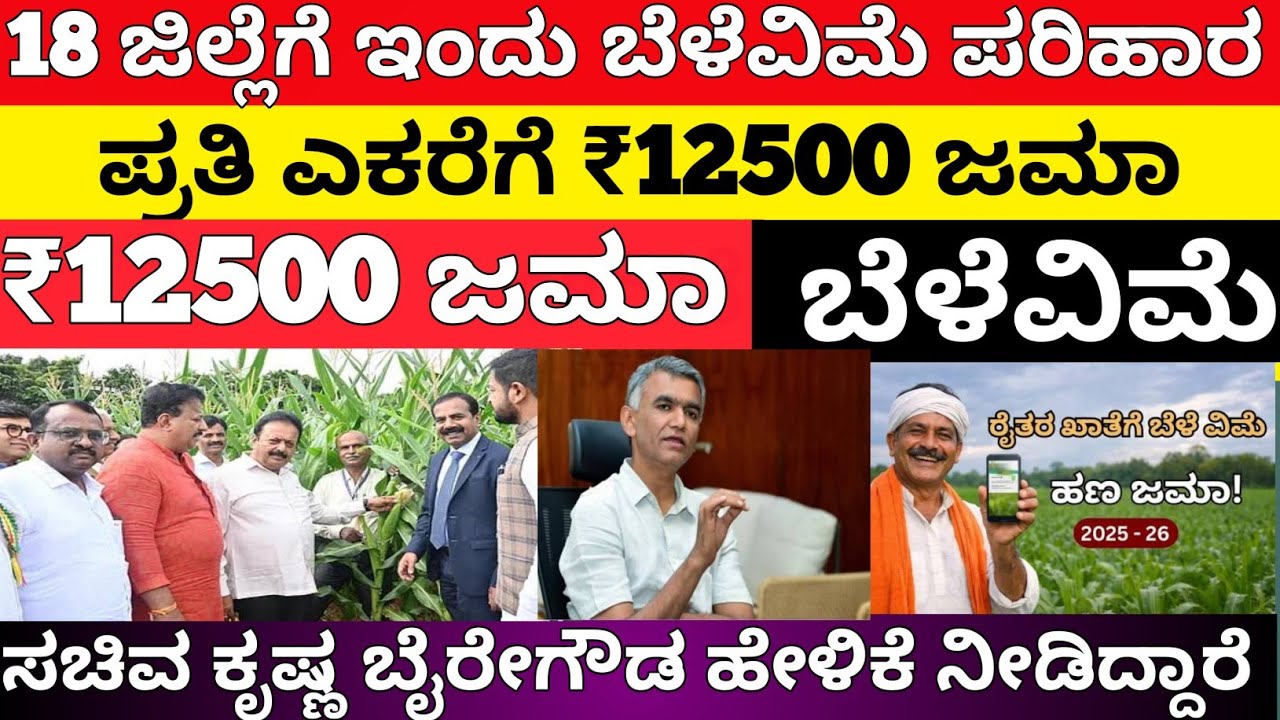 ಈ 20 ಜಿಲ್ಲೆಗೆ ಬೆಳೆವಿಮೆ ಬಿಡುಗಡೆ ₹12500 ಜಮಾ/ಇಂದು ಮದ್ಯಾನ ಜಮಾ/bele vime parihara 2025 karnataka