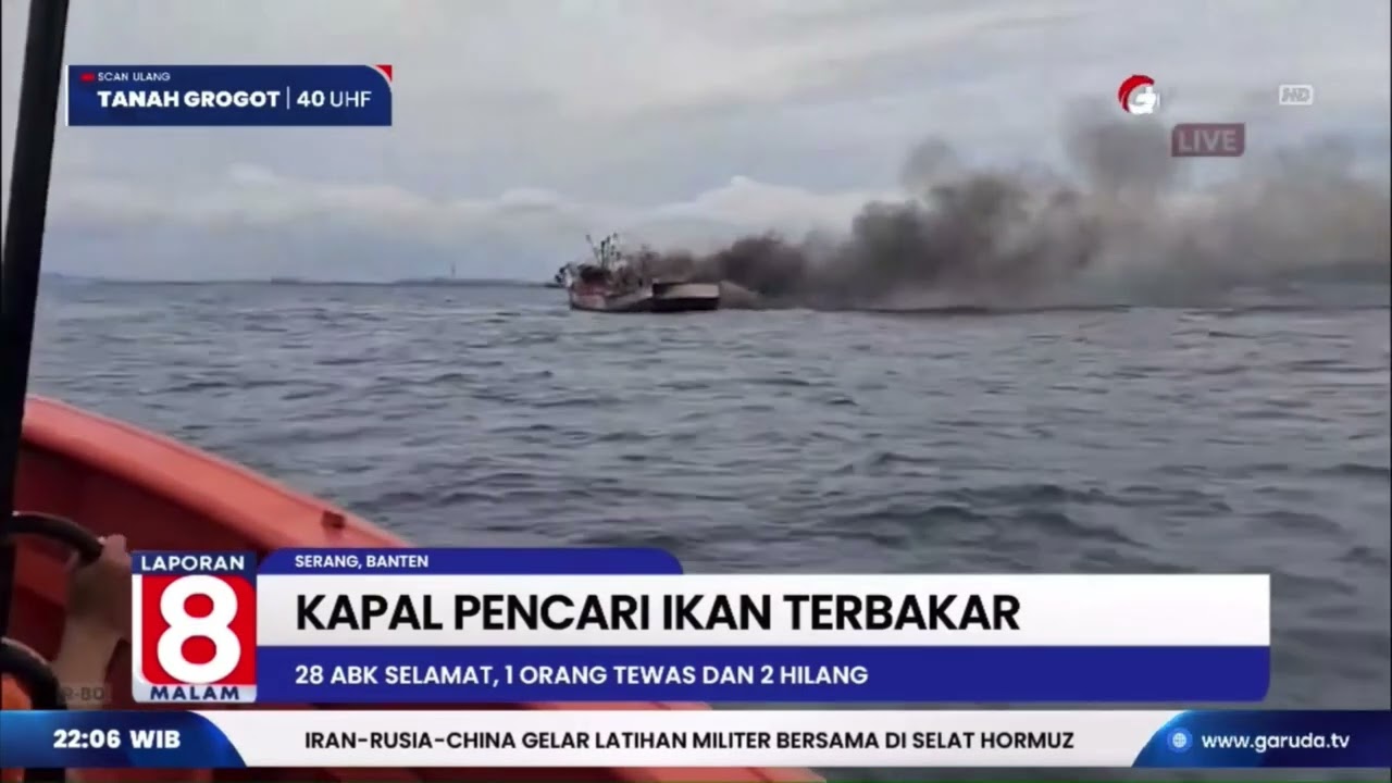 ANGKUT 31 PENUMPANG, KAPAL NELAYAN TERBAKAR, 1 ORANG TEWAS, 2 ORANG MASIH DALAM PENCARIAN
