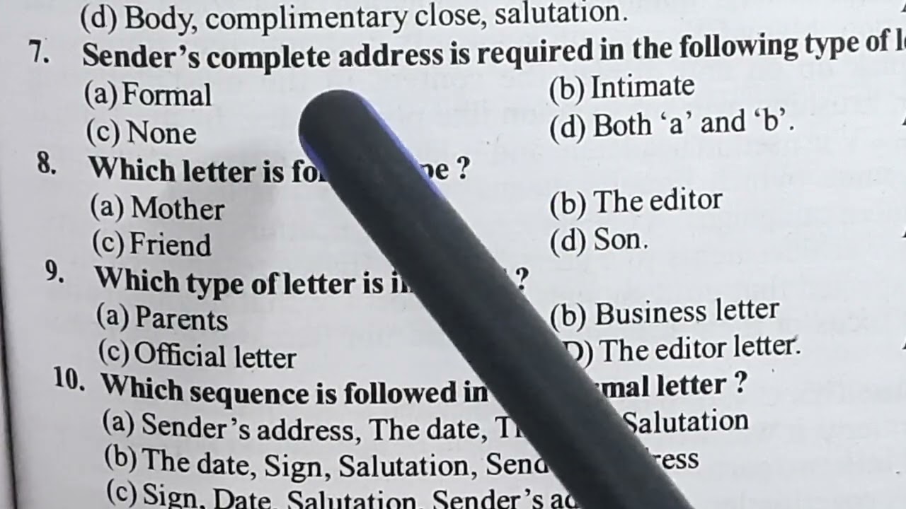 Important MCQs or Objective Type questions on letter writing